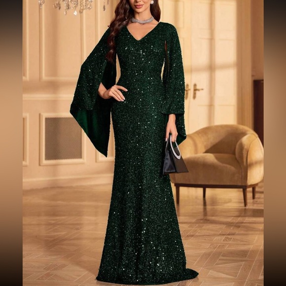 Luxe V neck champagne bell formal evening party prom wedding gown dress - Picture 11 of 15